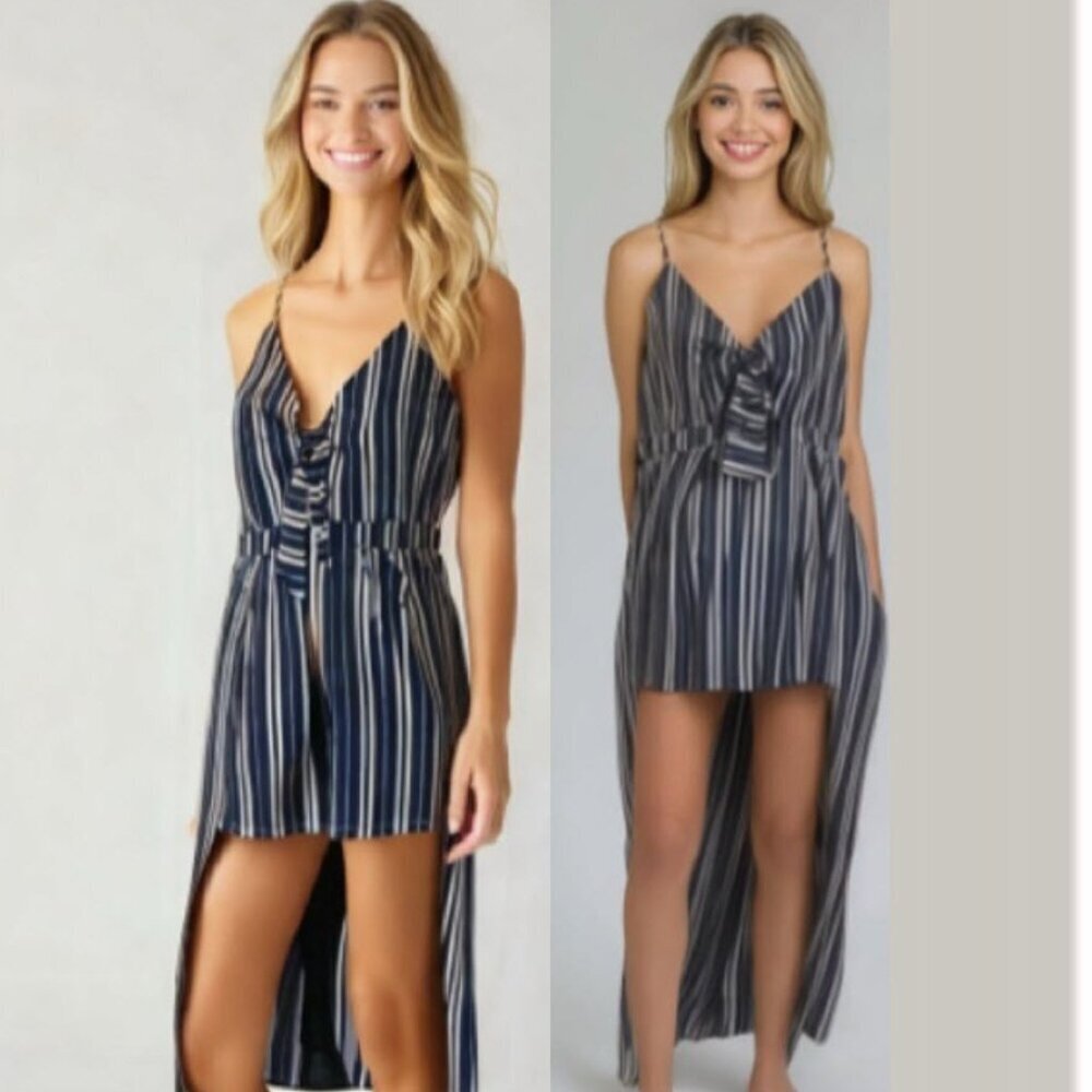 NAVY Blue and White Striped Maxi Romper with Cut-Out Sz Large